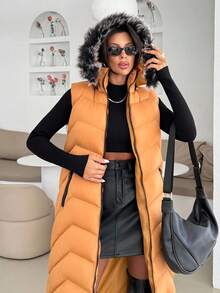 EURMUSE Women Long Fake Fur Hooded Padded Vest, Winter Coats - Mustard Yellow - View 4