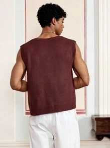 SWAVVY 男士休闲V领标准尺码针织无袖毛衣，适合秋冬 - 咖啡棕 - 查看 2