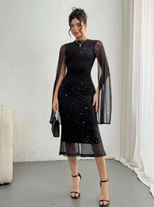 DAZY Đầm midi dài tay xẻ tà phối họa tiết cho nữ, mùa thu, đầm dạ hội sang trọng đính sequin, đầm dự tiệc đêm giao thừa, đầm lấp lánh. - màu đen - Xem 6