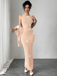 Elenzga Women's Solid Color Elegant Lady Style Jacket & Dress Set With Floral Decor, Suitable For Spring/Summer Fall Cloth For Women