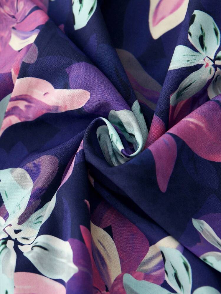 Women's V-Neck Floral Print Short Sleeve Ruffle Waist Tie Maxi Dress, Plus Size