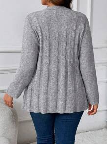 大码前开式纯色休闲开衫，简约风格，适合日常穿着，适合冬季 - 灰色 - 查看 2