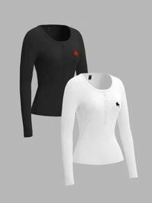 SHEIN EZwear 2pcs Pony Pattern Knitted Long Sleeve T-Shirt For Women, Suitable For Spring, Autumn & Winter,Fall Clothes For Women,Fall Tops - Multicolor - View 3