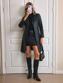 EMERY ROSE Lapel Collar Belted PU Trench Coat - Black - View 5