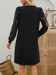 Medorina 女士圆领撞色蕾丝泡泡袖宽松直筒迷你连衣裙女士黑色连衣裙长袖黑色连衣裙蕾丝连衣裙女士秋季服装女士连衣裙女士秋季服装女士优雅教师装 - 黑色 - 查看 2