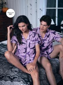 SHEIN Coupled Up Halloween Element Graphic Print Bubble Crinkle Shawl Collar Men Pajama Set  Cozy And Elegant Details - Purple - View 6