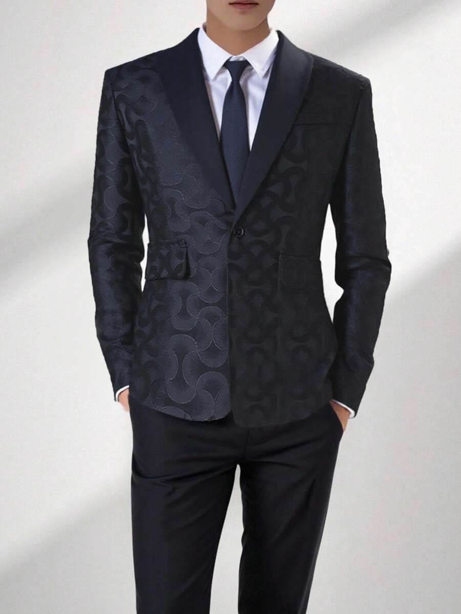 SHEIN 2pcs/Set Teen Boy Gentleman Outfit, Contrast Color Mandarin Collar Textured Slim Fit Suit Jacket + Trousers, Elegant, , Luxurious Formal Wear Suitable For Birthday Party, Gala, Performance, Hosting, Wedding Season, Wedding, Wedding Guest, Pageboy, Ring Boy