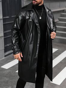 Manfinity CasualCool 男士纯色翻领双排扣休闲PU风衣，春秋季，男士秋季黑色风衣，男友礼物，男士黑色皮衣，皮质风衣，长款皮衣，黑色皮质风衣 - 黑色 - 查看 1