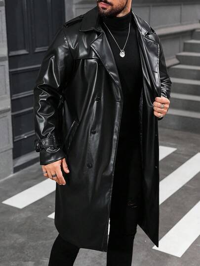 Manfinity CasualCool Herr enfärgad, dubbelknäppt, casual PU-vindjacka, vår och höst, höst herr, svart vindjacka, pojkvänpresent, läder för män, svart läderkappa, lädertrenchcoat, lång läderkappa, svart lädertrenchcoat