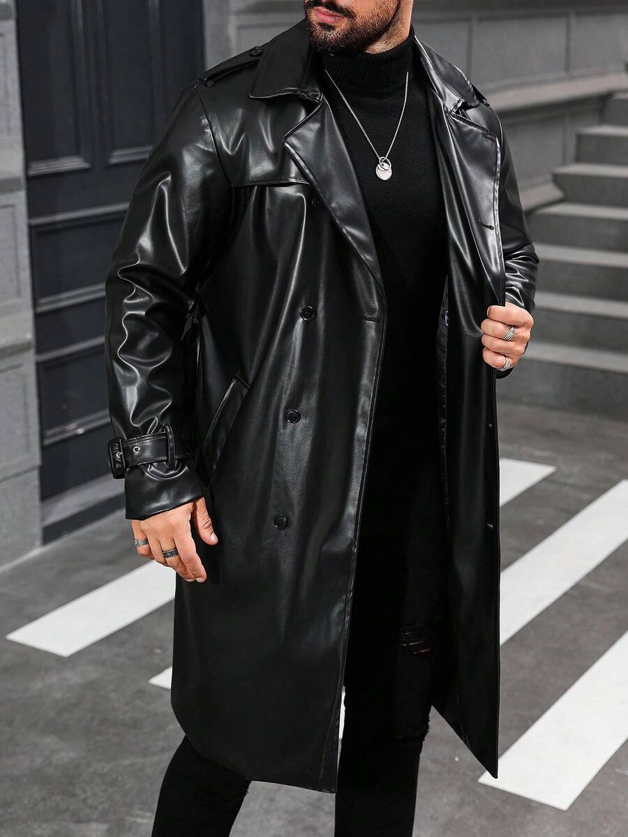 Manfinity CasualCool 男士纯色翻领双排扣休闲PU风衣，春秋季，男士秋季黑色风衣，男友礼物，男士黑色皮衣，皮质风衣，长款皮衣，黑色皮质风衣 - 黑色 - 查看 1