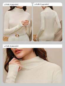 SHEIN X Jwoww Anewsta Women's Elegant Modern Solid Color 100% Wool Turtleneck Sweater - White - View 3