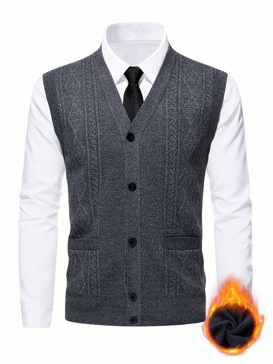 Manfinity Mode 男士开襟毛衣背心，修身针织外套，适合秋冬季节穿着，纽扣开襟毛衣背心，V领保暖加厚男士毛衣背心，针织背心，男士开襟毛衣背心，男士背心，男士纽扣背心，男士毛衣背心 - 淺灰色 - 查看 1