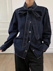 DAZY Women's Long Sleeve Tie Collar Loose Casual Denim Blouse,Jeans Jacket,Fall Women Clothes - Blue - View 1