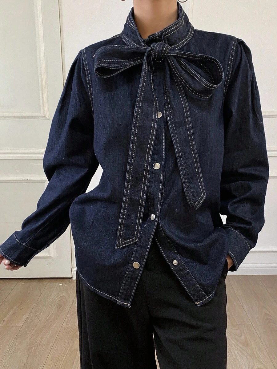 DAZY Women's Long Sleeve Tie Collar Loose Casual Denim Blouse,Jeans Jacket,Fall Women Clothes - Blue - View 1