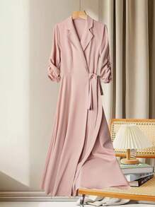 Franclia Elegant 3/4 Sleeve Lapel Neck Fitted Long Dress, Apricot Pink, Suitable For Commuting And Everyday Wear, Spring/Autumn - Dusty Pink - View 3