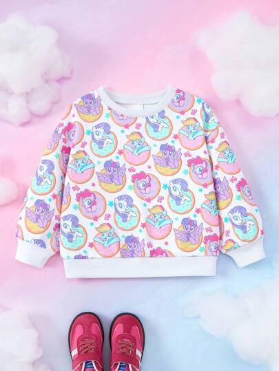 My Little Pony X SHEIN 年轻女孩休闲可爱马匹印花圆领运动衫