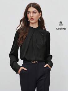 BizChic 女式不对称设计褶饰宽松立领长袖上衣，基本款简约优雅别致商务休闲装，适合城市通勤，适合教师、办公室、婚礼、音乐会 - 黑色 - 查看 11