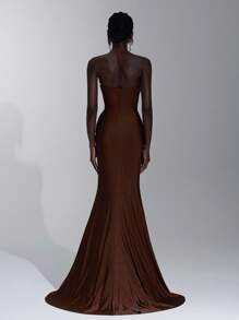 Elitara Elegant And Luxurious Coffee Color Strapless Plunging Neckline Waist Mesh See-Through Boned Waist Beaded Decorated Dress, Suitable For Date, Vacation, Birthday Party, Ball, Graduation, Homecoming, Bridesmaid, Formal Evening Gown, Brown Dress - Coffee Brown - View 4