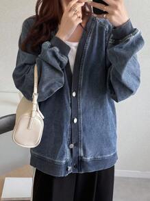 FRIFUL 女士休闲宽松水洗超大牛仔夹克牛仔美学衣服 - 藍色 - 查看 4