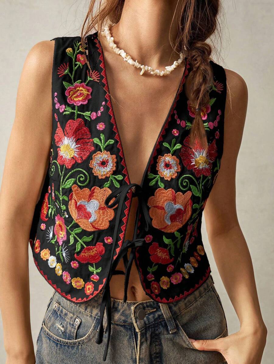 Bohemela 女式度假花卉刺绣无袖前系带衬衫