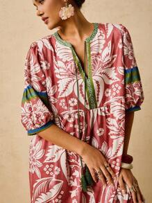 Travachic Plus Size Women's Pink & Green Tropical Plant Print Maxi Dress, V-Neck Tie Bow Long Sleeve Loose Casual Dress, Early Autumn Boho Dress Women Summer Dresses For Women With Sleeves Resort Dresses For Women Floral Print Dress French Dresses For Women Autumn Dress Going Out Dress Fall Clothes Fall Clothes Plus Size Autumn Clothes Wedding Guest Dress Elegant  Old Money Beach Outfits For Woman Resort Wear Women Ibiza Outfit