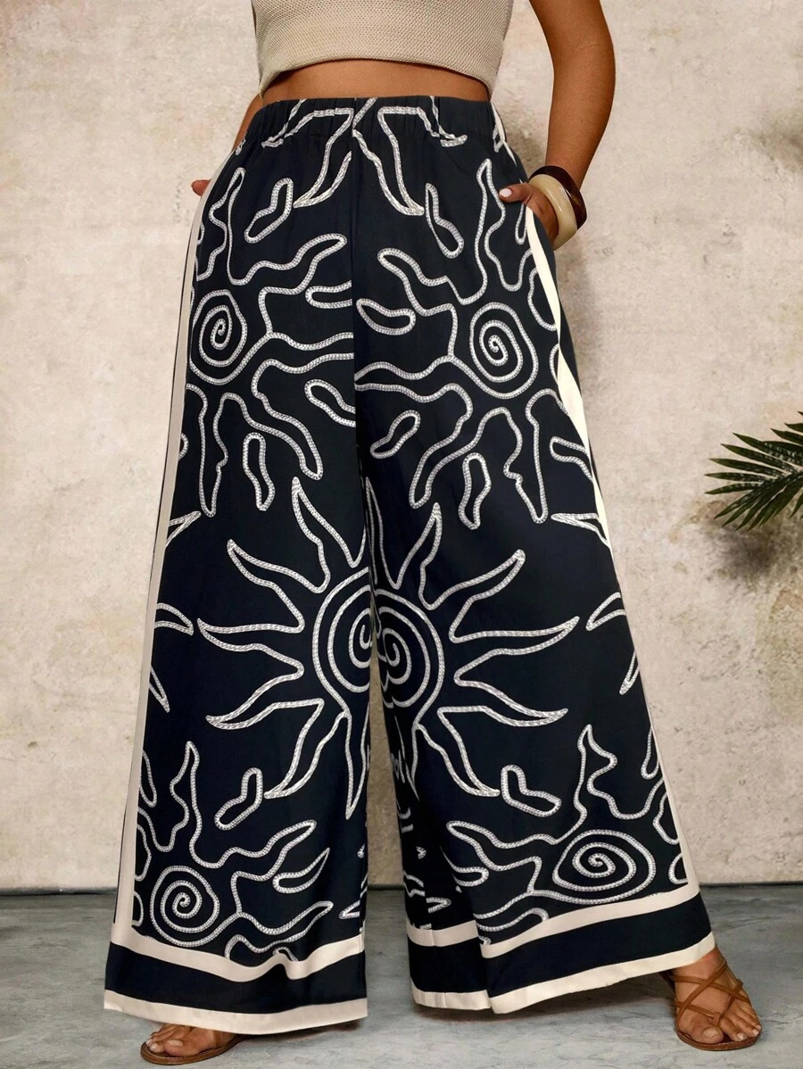 SHEIN VCAY Pantalon large à imprimé floral croquis noir et blanc avec poches et taille élastique pour femmes grandes tailles. Pantalon large femme, pantalon bohème pour femme, pantalon large imprimé, pantalon imprimé soleil, pantalon ample, pantalon large femme, tenue de plage et de resort pour femme, pantalon bohème Ibiza - Noir et Blanc - Voir 1