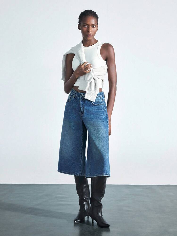 SHEIN Maija Women's Blue Denim Cropped Pants Low Waist Bermuda Casual French Style Autumn And Winter Wear