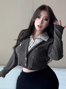 Dazy Plus Color Block Splicing Shirt Collar 2 In 1 Double-Breasted Decor Long Sleeve Business Casual Commuter Long Sleeve Plus Size Women T-Shirt Fall Tops - Dark Grey - View 13