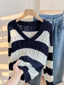 SHEIN 少女黑白V领条纹纹理针织灯笼袖宽松休闲优雅通勤毛衣 - 藏蓝色 - 查看 5