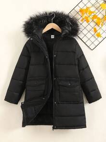 SHEIN Manteau long matelassé à capuche et fermeture éclair pour filles préadolescentes, avec poches, polyvalent pour les sorties, automne/hiver - Noir - Voir 10