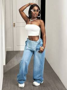 Slaydiva 女式宽松口袋设计休闲阔腿牛仔背带裤 - 淺色水洗藍 - 查看 4