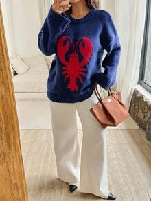 Vionelle 大码女式法式针织提花套头衫，时尚优雅，百搭休闲，适合秋冬 - 藍色 - 查看 6
