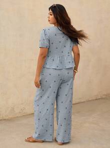 Elaquor Plus Size Vacation Casual Striped Bow Print Shirt And Pants 2 Pieces Set