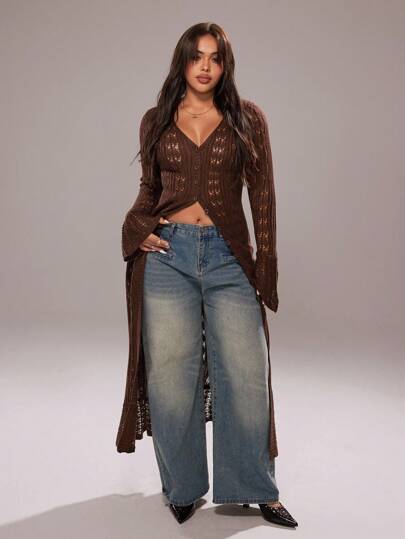 Rustia Back To School Brown Long Cardigan, Hollow Out Knit Sweater Cardigan, Casual Style Long Flare Sleeve Sweater Cardigan Fall Winter Cloth For Women Autumn BOHO