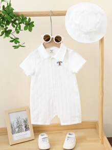 SHEIN 2pcs/Set Newborn Baby Boy/Girl Soft Casual Cute Textured Fabric White Short Sleeve Romper & Sun Hat Set, Knit Outfit Suitable For Indoor, Outdoor, Daily, Sports, Play, Party, Photo Shoot, Holiday, Spring/Summer