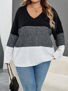 SHEIN CURVE+ Maglione oversize in stile patchwork, abbinamento di colori nero, grigio e bianco, adatto per l'autunno e l'inverno - Multicolore - Visualizzare 3