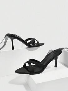 CUCCOO SZL Zapatos de mujer de tacón alto con punta afilada y cordones de satén negro de 8 cm - Negro - Ver 9