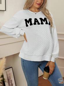 SHEIN 孕妇字母图案圆领落肩长袖侧开衩休闲运动衫 - 白色 - 查看 4