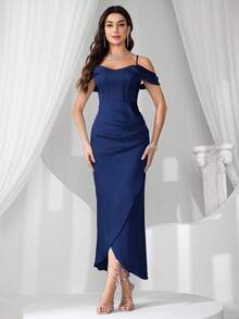 Coutiva Váy phù dâu trễ vai màu trơn thanh lịch - Màu xanh hải quân - Xem 4