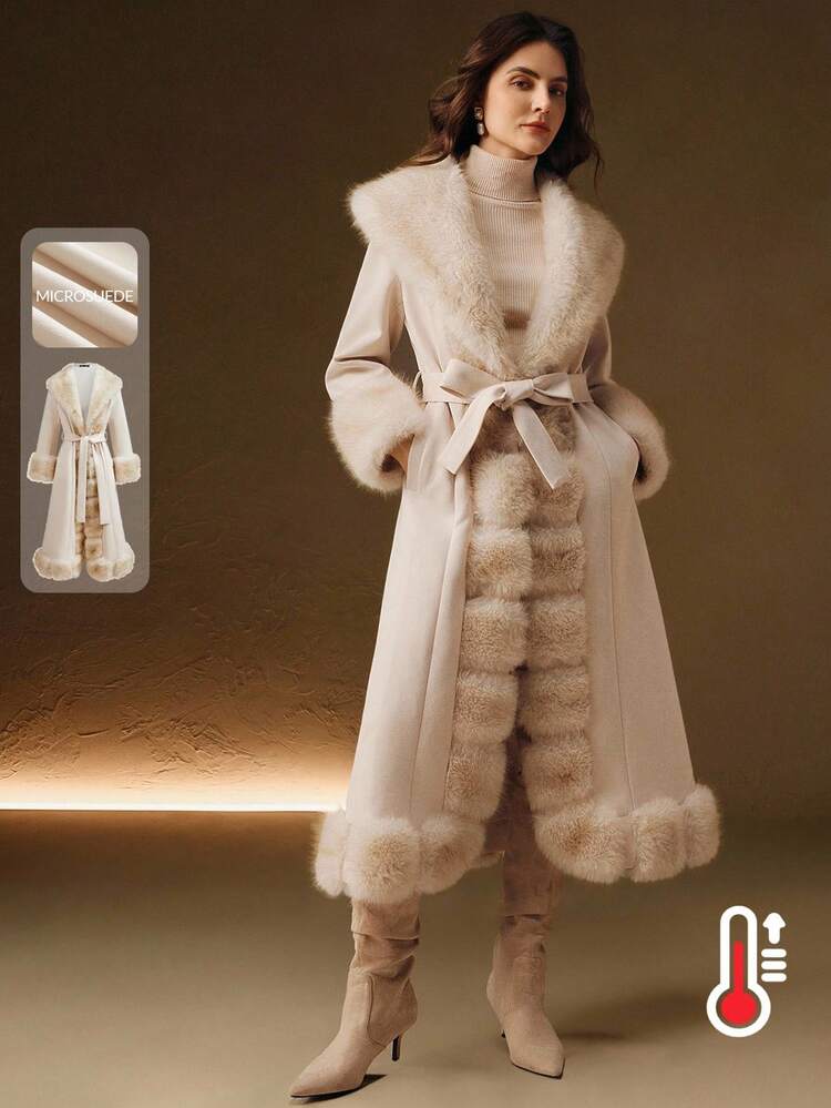 Abrigo exterior de piel sintética y ante sintético beige grueso con parches, de longitud hasta el muslo, elegante y retro, adecuado para otoño/invierno, Navidad, Año Nuevo, fiestas, elegante, lujoso, formal, chic, fiesta