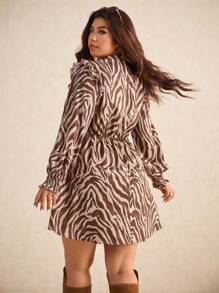 Elaquor 大码女式斑马纹V领长袖时尚连衣裙 - 彩色 - 查看 2
