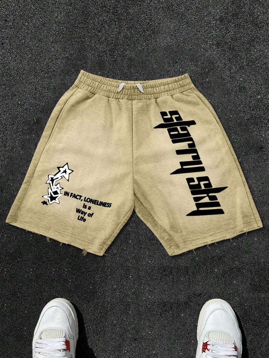 PAVTROS Pantaloncini in maglia con stampa minimalista e interessante di lettere e stelle, vita elastica con coulisse e tasche, pannello frontale con stampa a pois sbiaditi, stile urbano complessivo, casual minimalista, moda da strada, versatile per uso quotidiano. Regalo per le vacanze. Pantaloncini grafici da uomo, pantaloncini casual da uomo, pantaloncini grafici, stile emo, stile anni 2000