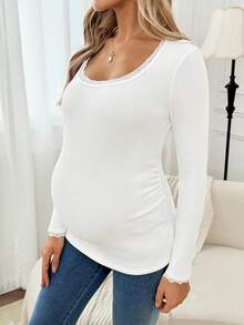 SHEIN Maternity Solid Color Fleece Contrast Lace Round Neck Long Sleeve Fitted T-Shirt - White - View 6