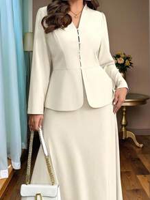 Auvina Bộ 2 món trang phục thanh lịch cho nữ cỡ lớn, áo sơ mi màu trơn có dây buộc sau lưng, tay dài và chân váy ngắn, thường ngày - Màu be - Xem 3