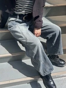 FRIFUL 女士时尚休闲水洗宽松牛仔裤 - 藍色 - 查看 1