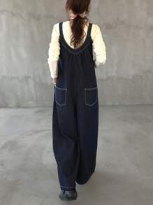 FRIFUL 女士休闲通勤阔腿牛仔连体裤女士工装裤牛仔工装裤背带裤阔腿工装裤牛仔连体裤 - 黑色 - 查看 4