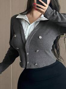 Dazy Plus Color Block Splicing Shirt Collar 2 In 1 Double-Breasted Decor Long Sleeve Business Casual Commuter Long Sleeve Plus Size Women T-Shirt Fall Tops - Dark Grey - View 9