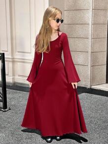 SHEIN Serisse Kids Đầm dài tay cạp trễ màu trơn thời trang thường ngày thanh lịch cho bé gái tuổi teen - Màu Đỏ Sâu - Xem 11