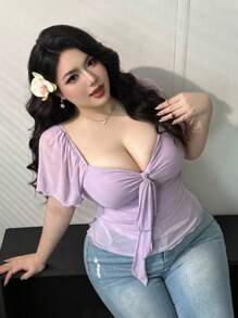 Vibekara Áo thun Raglan tay ngắn đơn sắc xoắn phía trước dành cho nữ cỡ lớn - Màu tím  Violet - Xem 4