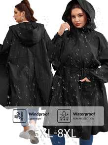 SHEIN CURVE+ Curves Plus Size/Chool Clothes/Back To School Clothes /Back To SchoolPlus Size Women Black Gathered Waist Long Trench Coat, Autumn/Winter Fall